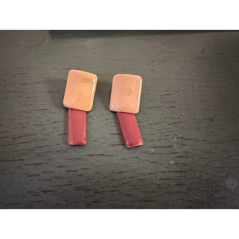 Vintage Modernist Enamel Geometric Drop Earrings Peach Rose Gold Tone Statement